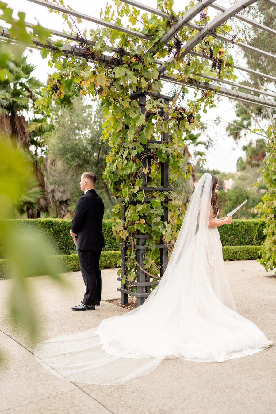 Bride and groom reading private vows near Aragon Lawn under the vines 