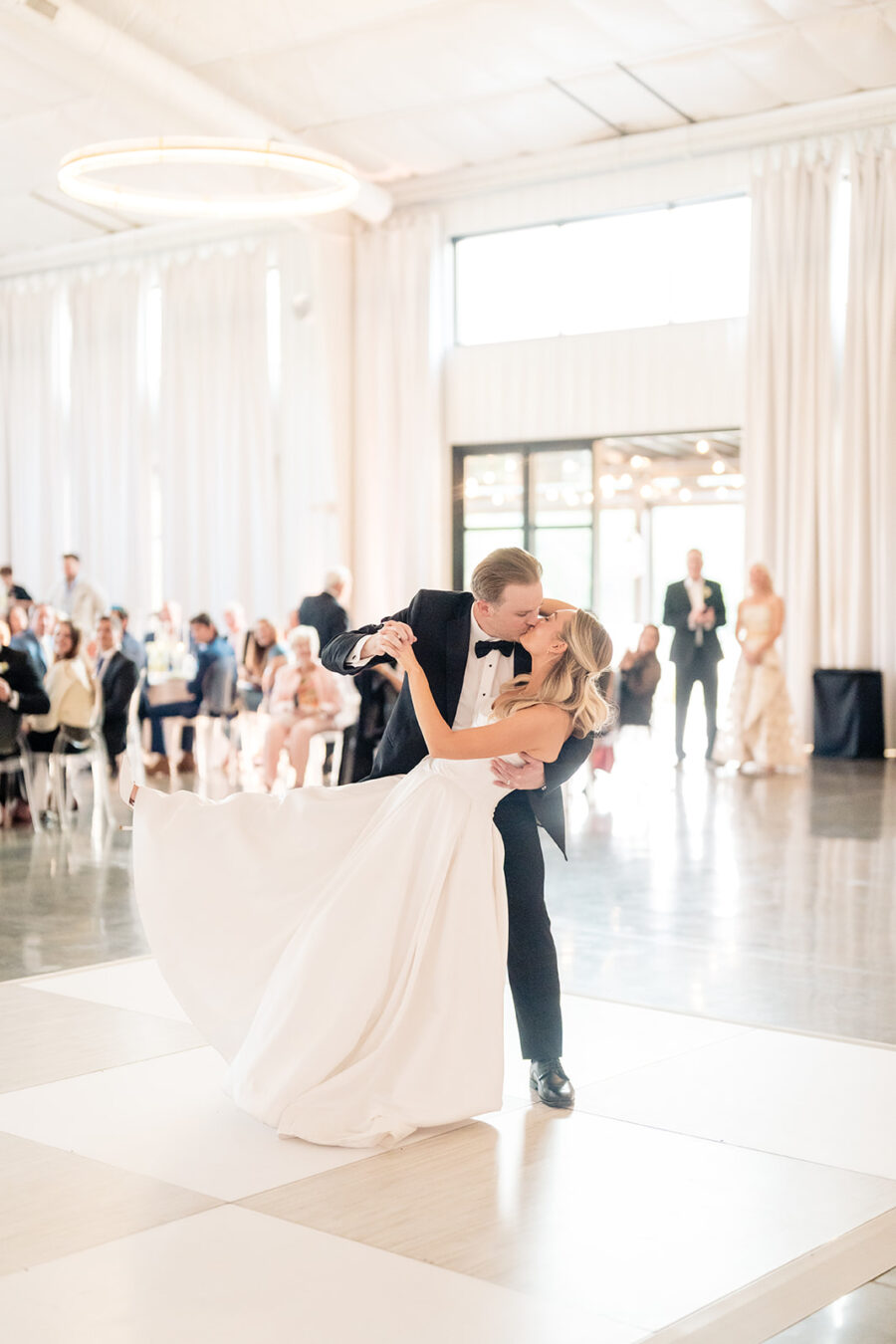 bride and groom during first dance at wedding reception at Diamond Creek Farms