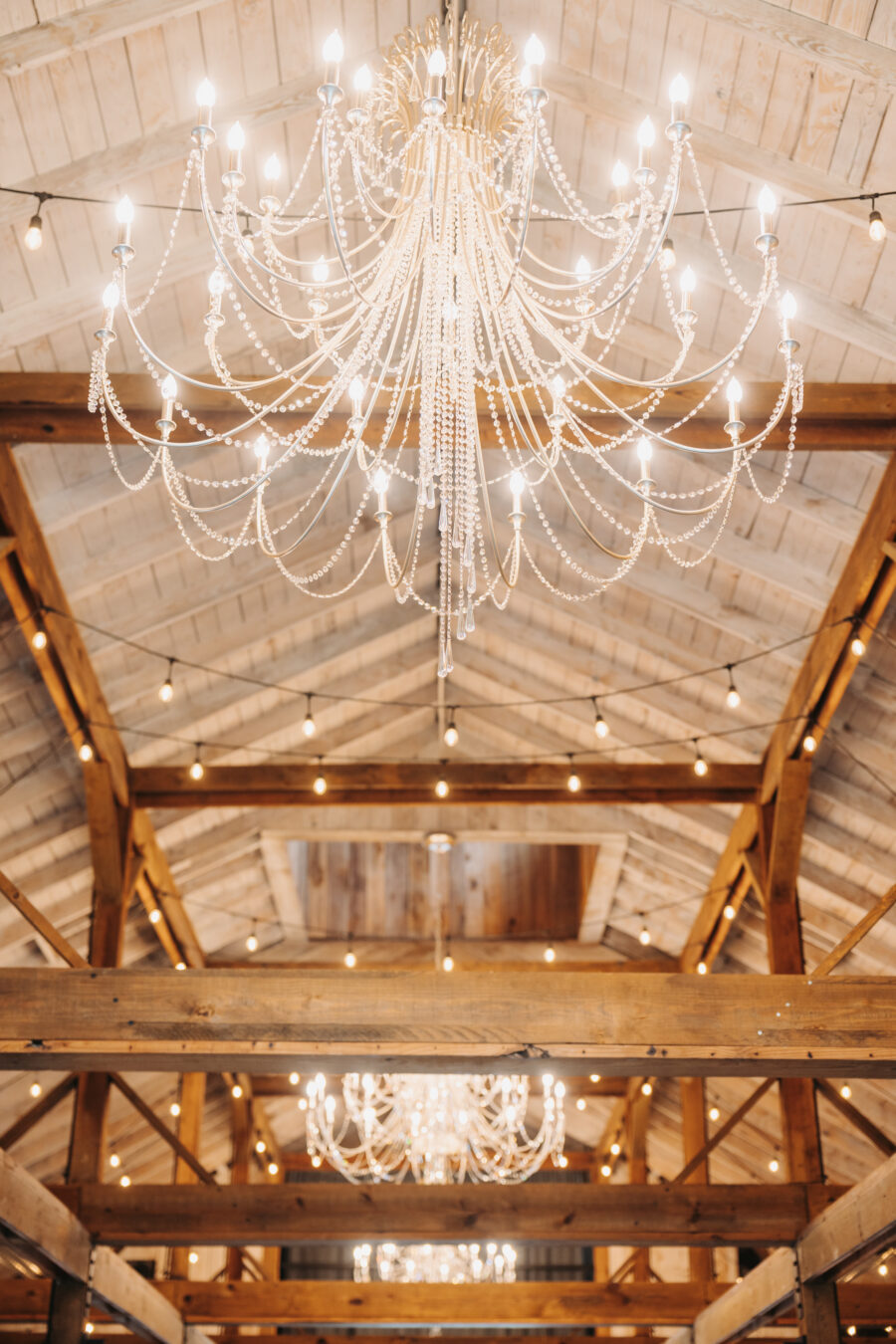 Chandeliers in the reception space at Cedarmont Farms