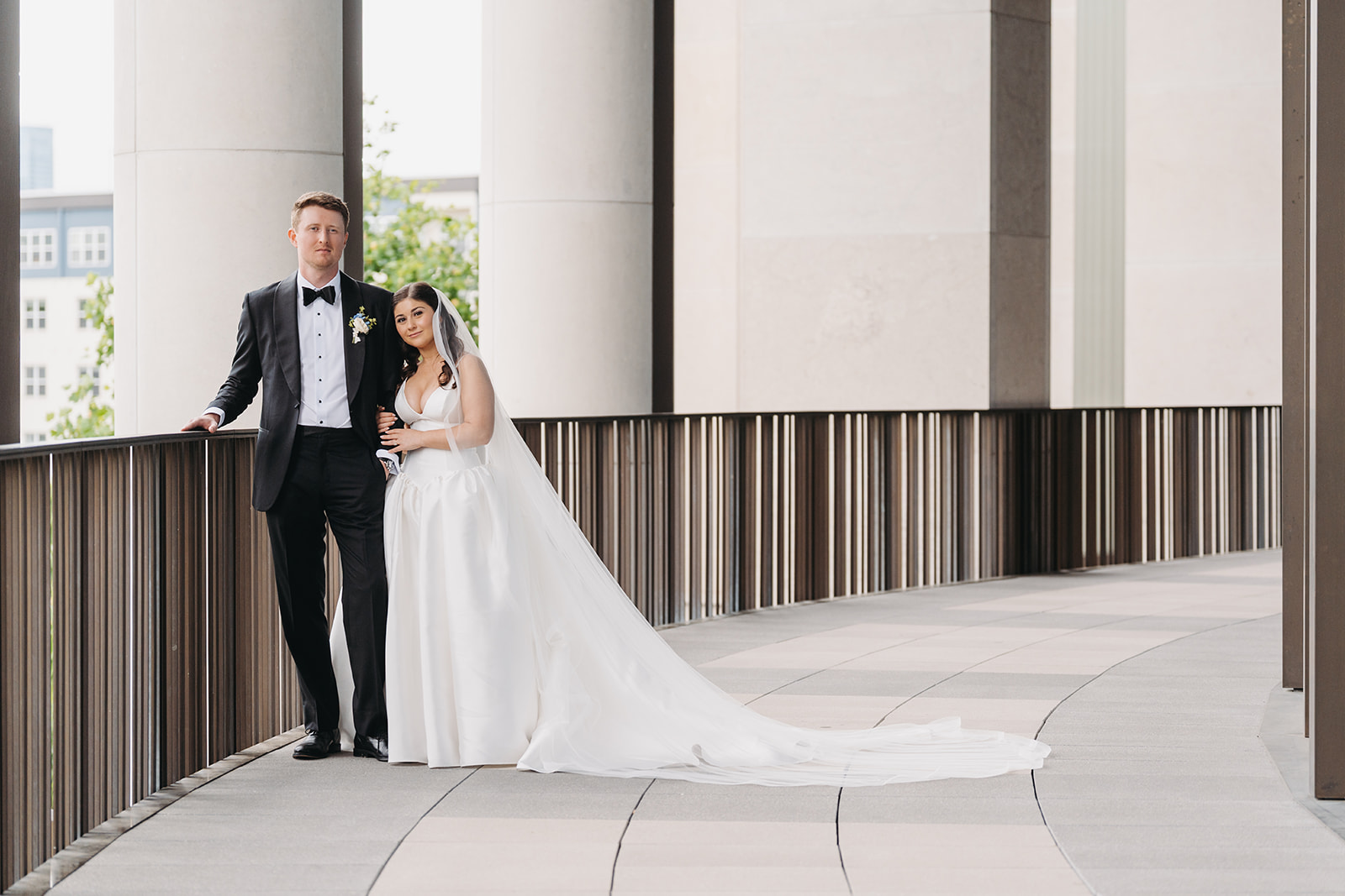 Bride and Groom standing on the balcony at the TN State Museum